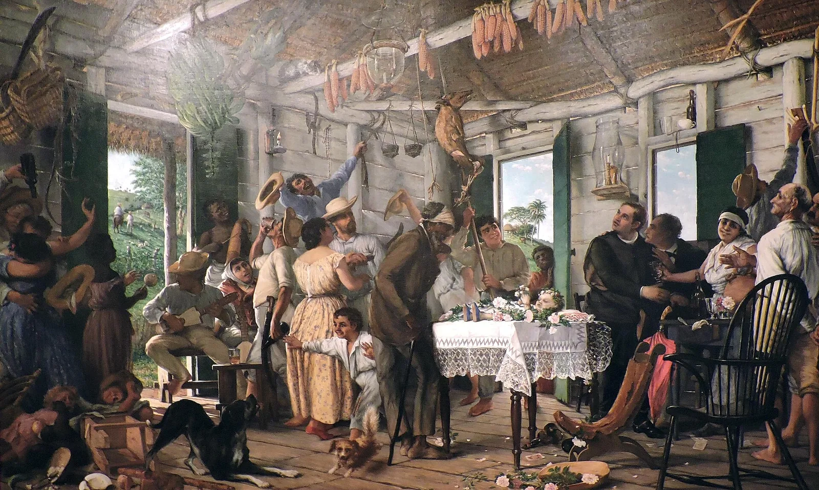 El Velorio, pintura de Francisco Oller de 1893: una familia campesina puertorriqueña celebra un velorio con música, baile y bebida